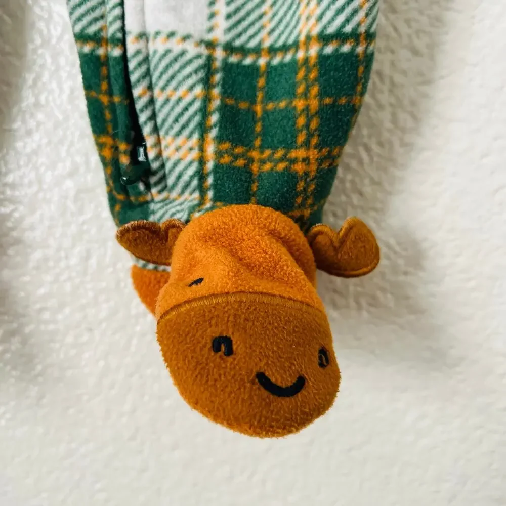 Carter’s reindeer fleece zip footie onesie green tan brown plaid